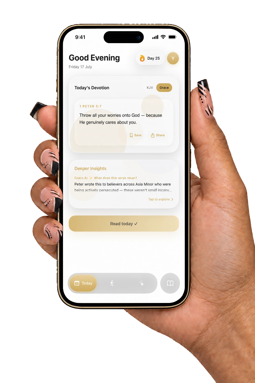 A hand holding an iPhone displaying Grace